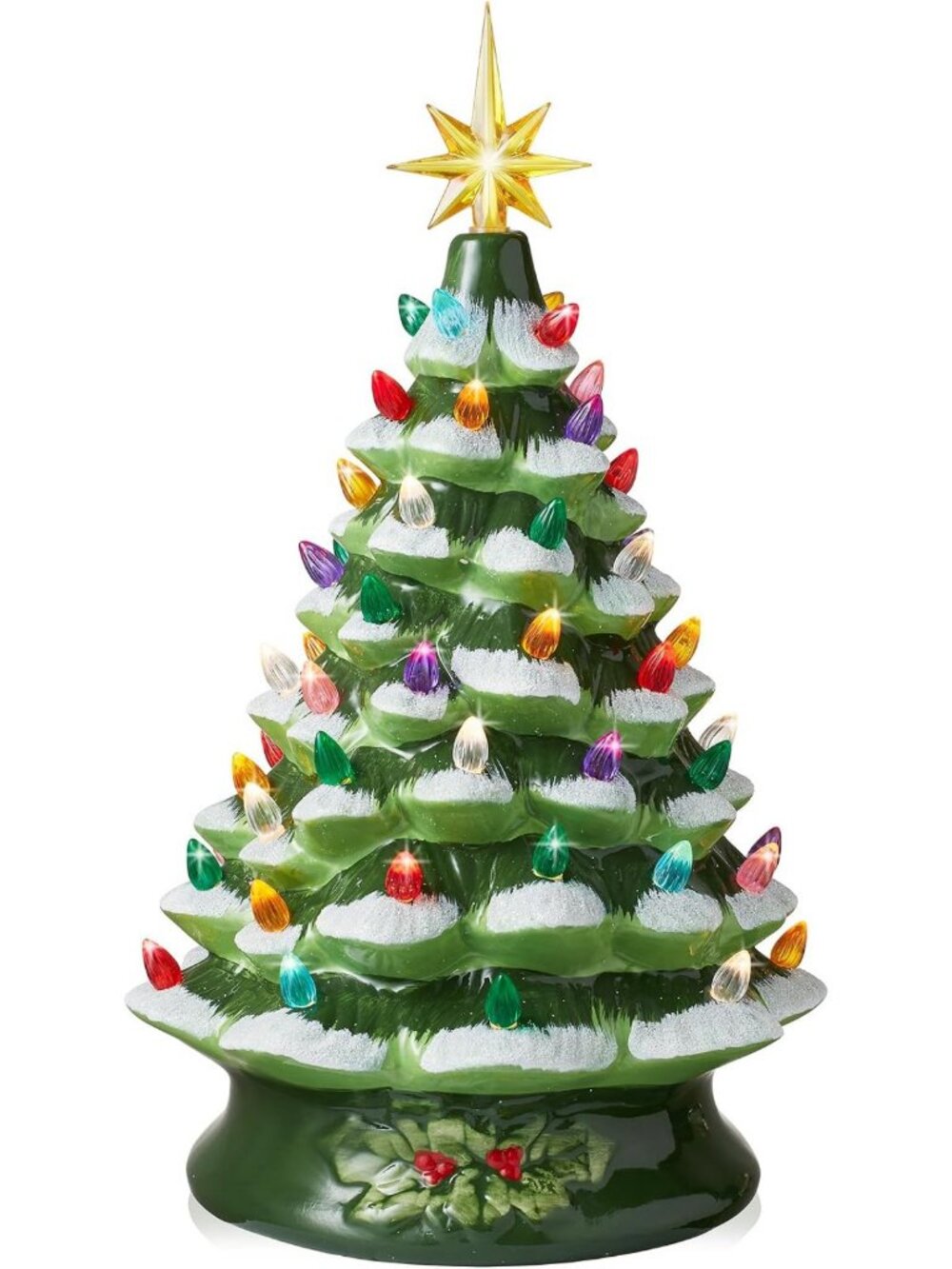Hand-Painted 15-Inch Ceramic Christmas Tree, Pre-Lit with 128 Multi-Color Lights